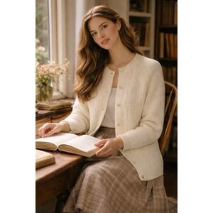 Vtg Sears Cardigan Womens M‎ Ivory Cable Knit Fishermans Cottagecore Grandma